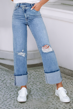 Load image into Gallery viewer, High Rise Asymmetric Button Zip Fly Ripped Jeans
